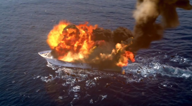 Dembe and crew blow up Jasper's yacht to force him out of hiding.